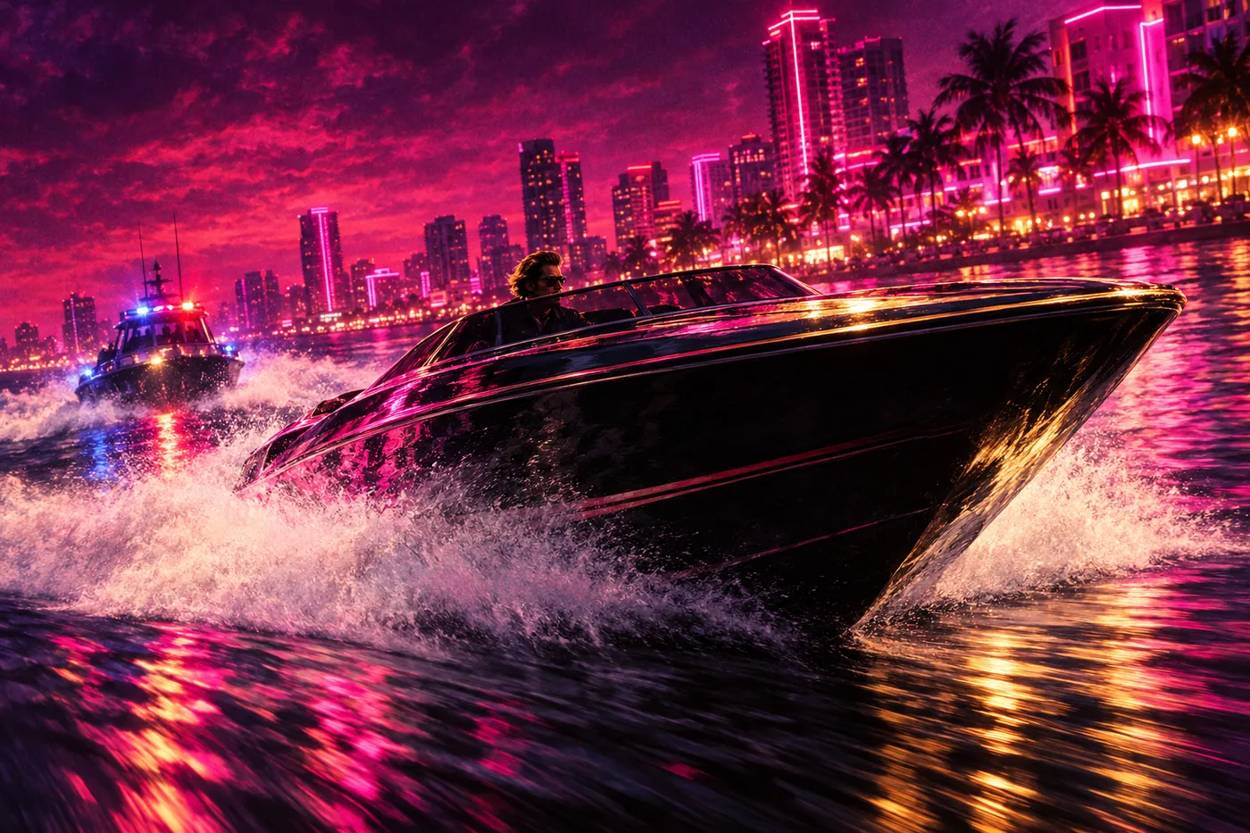 A black speedboat tears across the bay at night, a police boat with flashing lights behind it