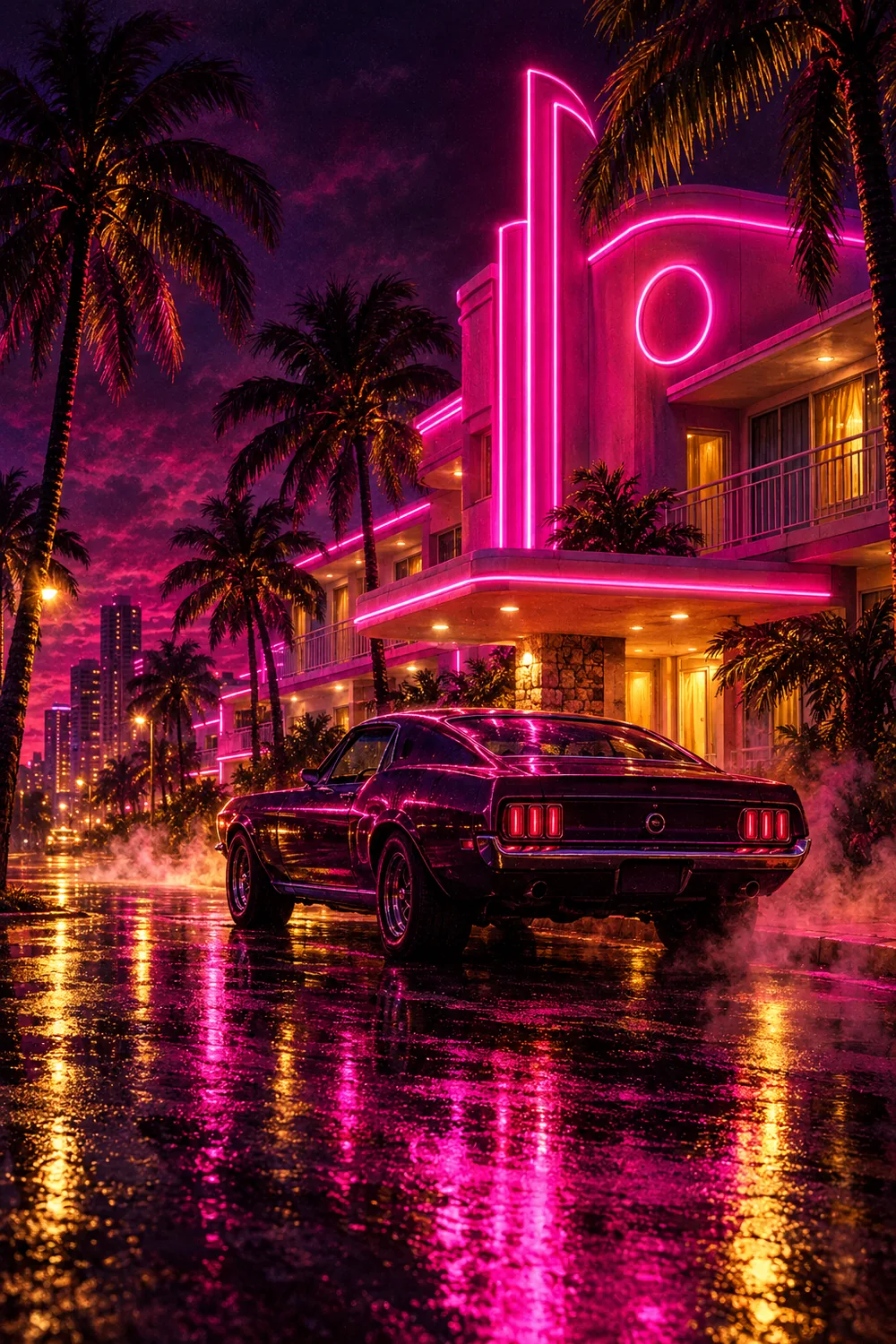 A muscle car parked outside a pink neon art-deco motel on a wet street at night